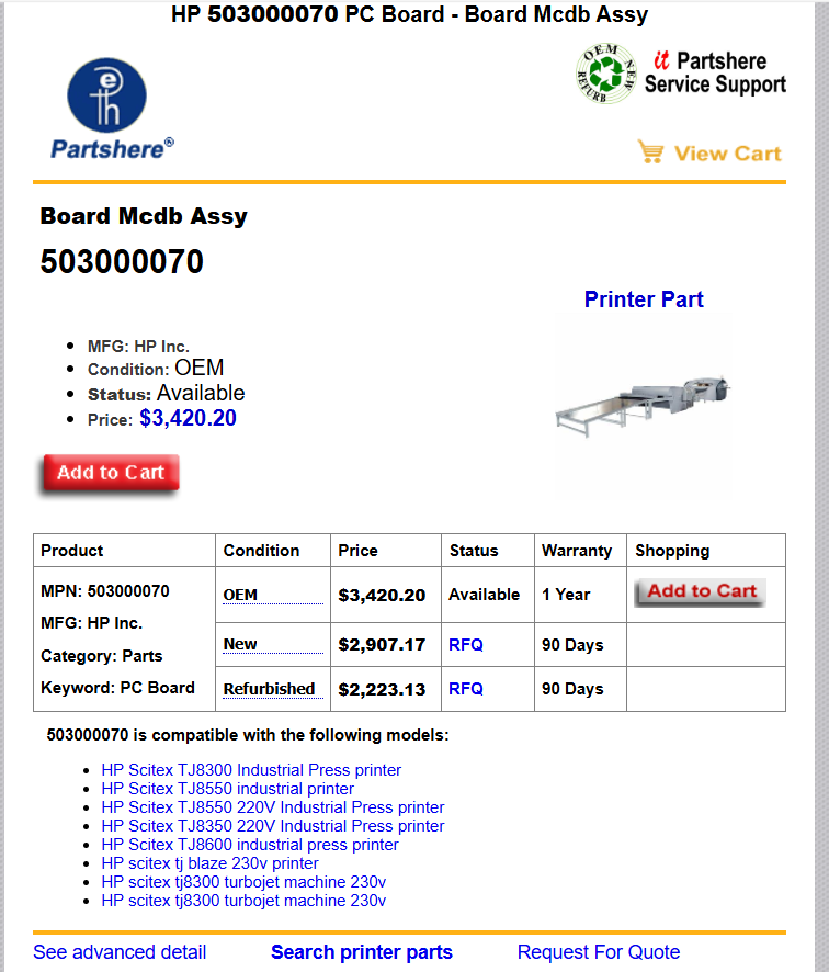 Board Mcdb Assy 503000070 HP Scitex TJ8550 industrial printer