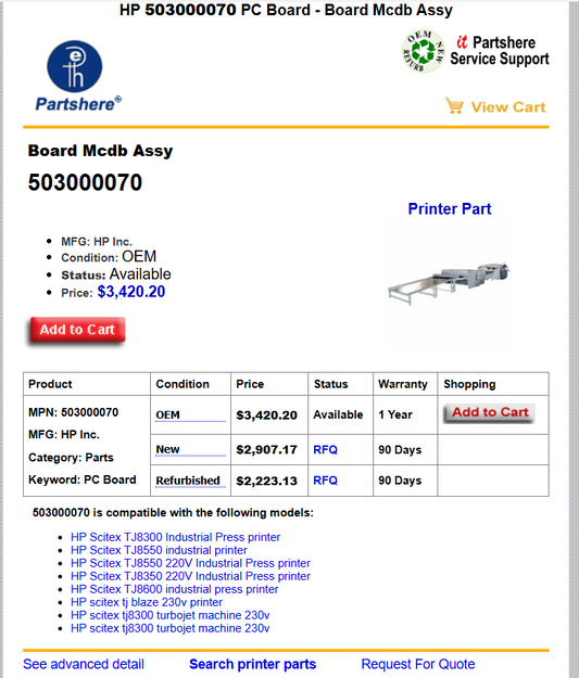 Board Mcdb Assy 503000070 HP Scitex TJ8550 industrial printer